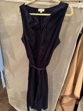 LOFT Navy Blue Eyelet Sleeveless V-Neck Belted Waist Dress